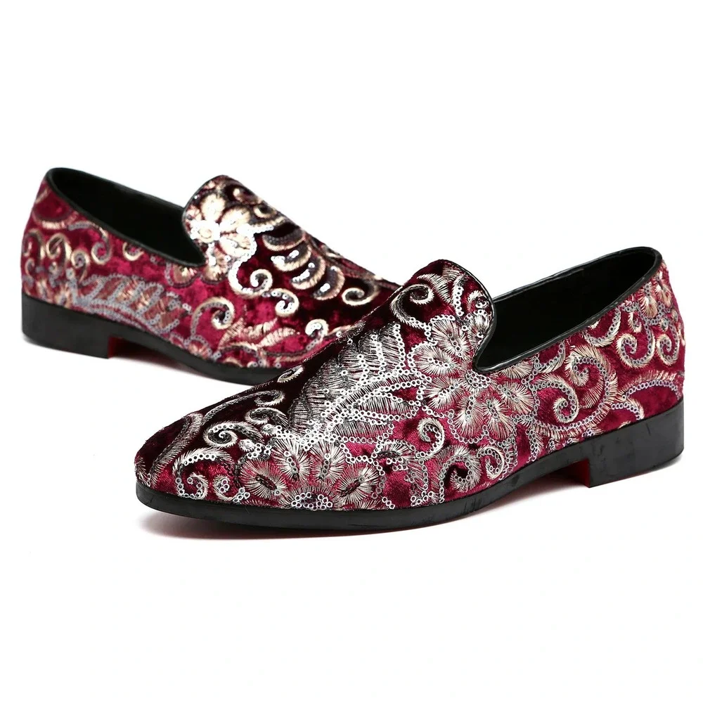 Santimon‎ Men's US 12 Red Velvet Silver Stitching Smoking Loafers Dress Shoes